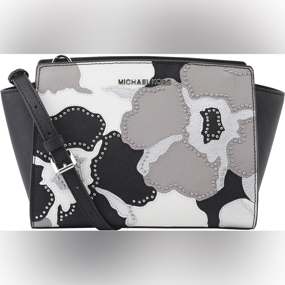 Michael Kors Selma MD Studded Saffiano Leather Satchel Crossbody BLK/PRL Grey